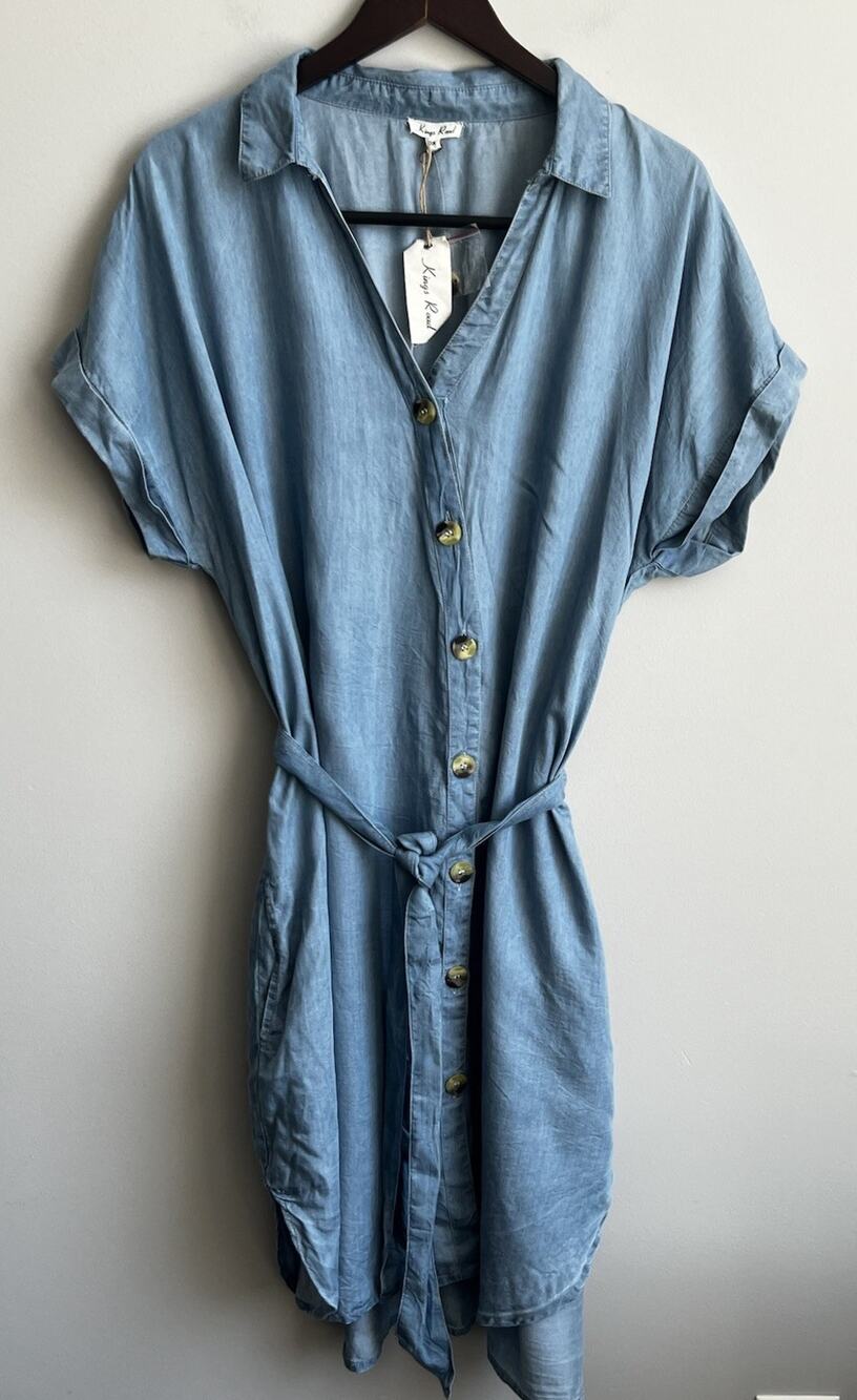 King’s Road Dress 3X Light Blue Chambray Cotton Button Front Midi Belted Pockets